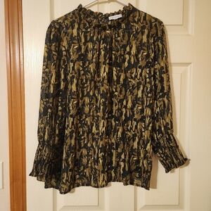 Maison D'Amelie Women's Sheer Blouse Abstract Floral Print Ruffled Neck Size L